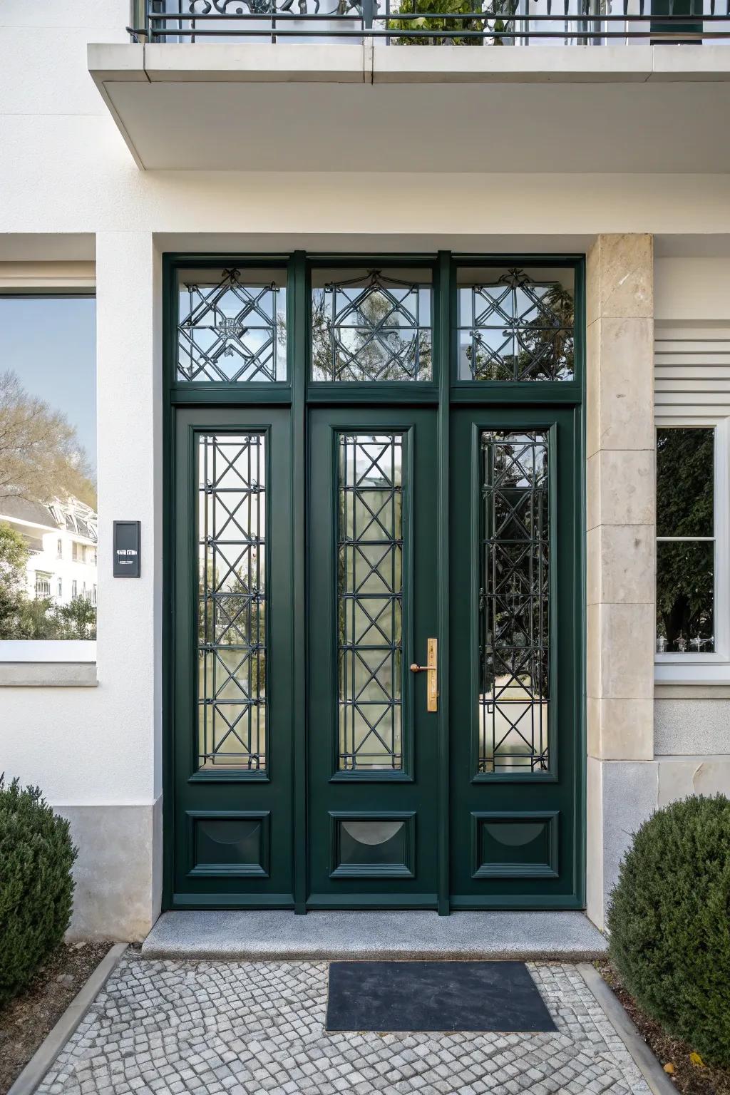 Geometric patterns add a modern and contemporary touch to the entrance.