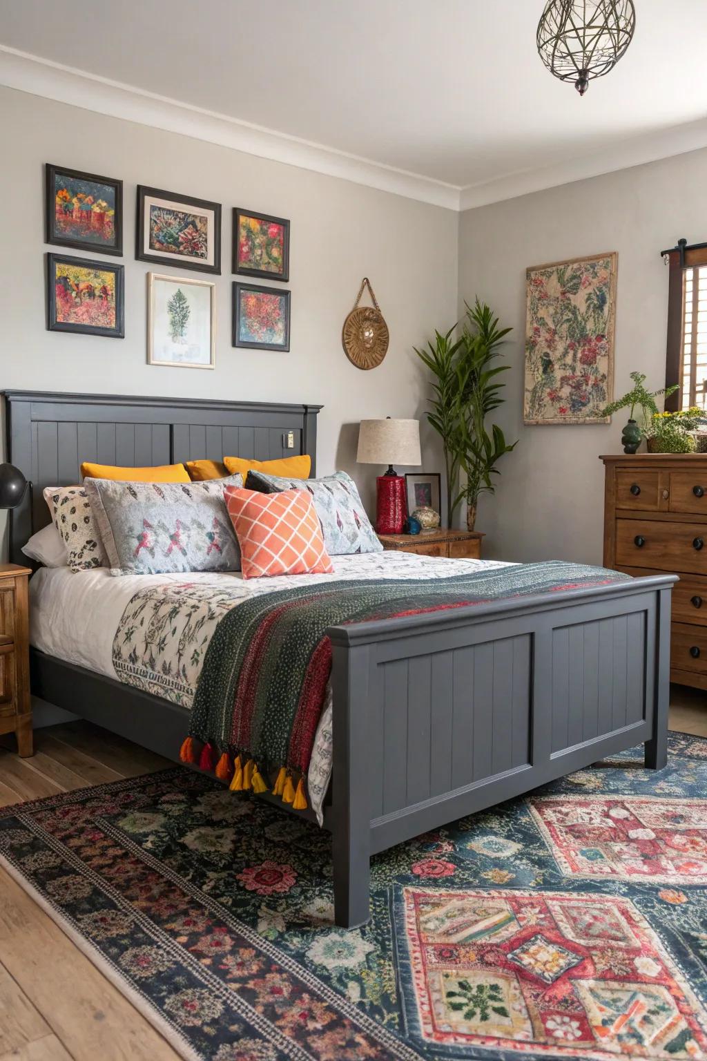 A diverse mix of styles brings personality to a grey-themed bedroom.