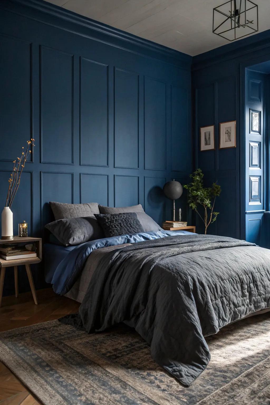 Dark walls make a striking backdrop for charcoal bedding.