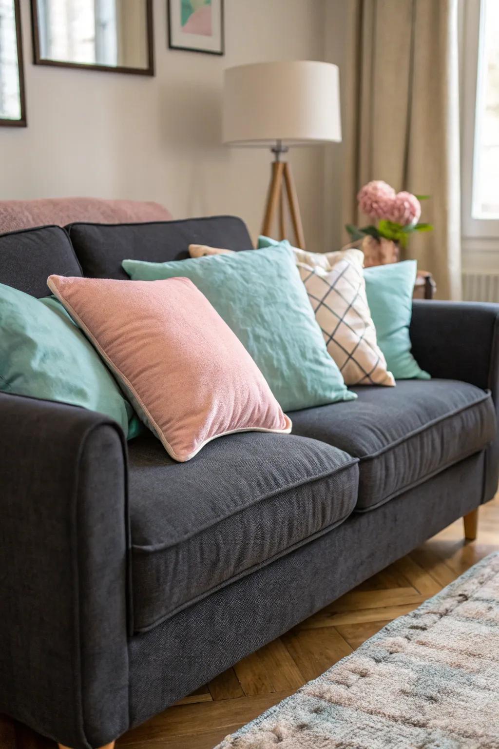 Soft shades add a gentle and soothing touch to a grey couch setting.