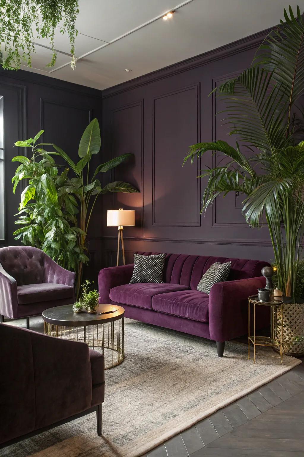 Luxuriant verdant plants introduce a refreshing aspect to this deep violet lounge.