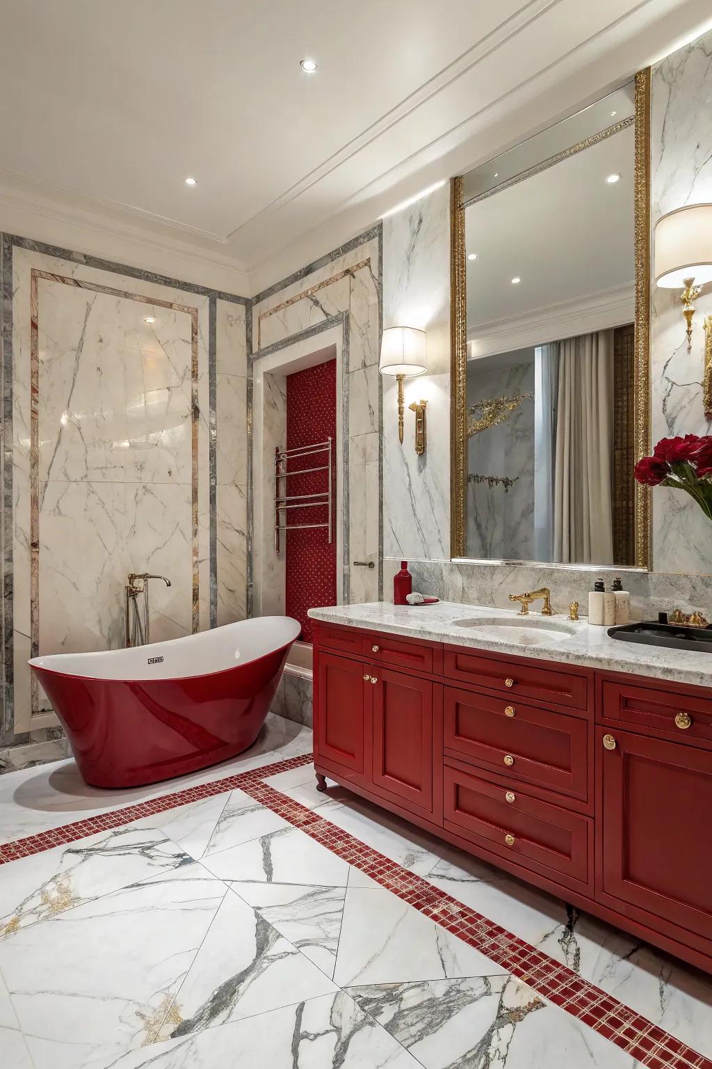 Red and marble combine for a lavish and timeless bathroom.
