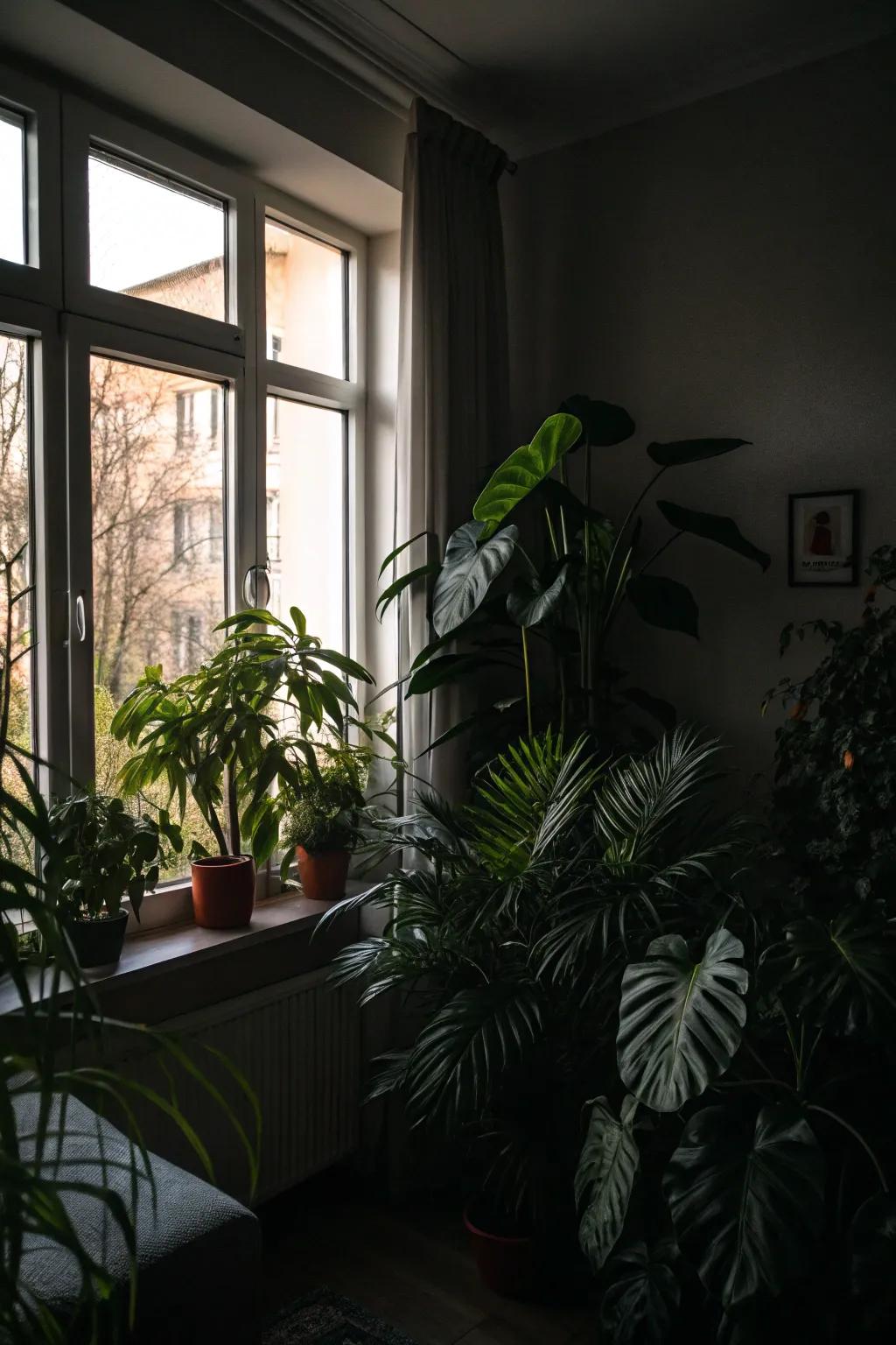 A dark room featuring plants near the window.