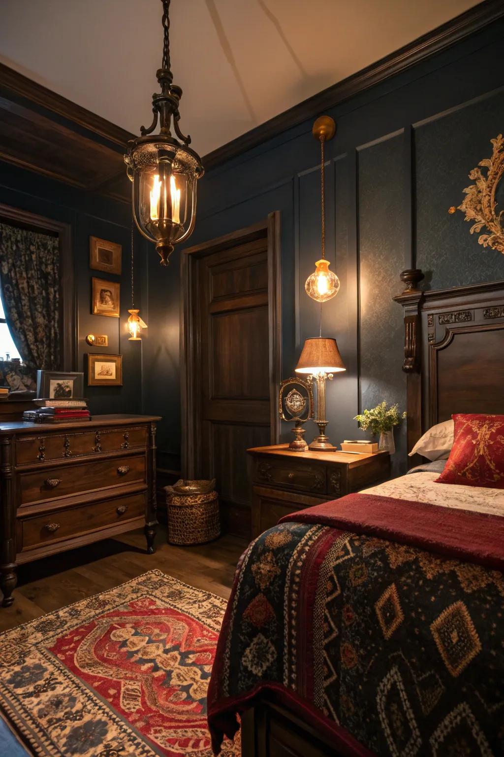 Smart illumination solutions offer customizable ambiance in a dimly lit, old-fashioned bedroom.
