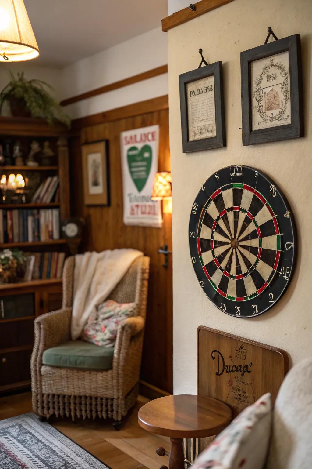 Vintage elements add timeless charm to your dart board wall.