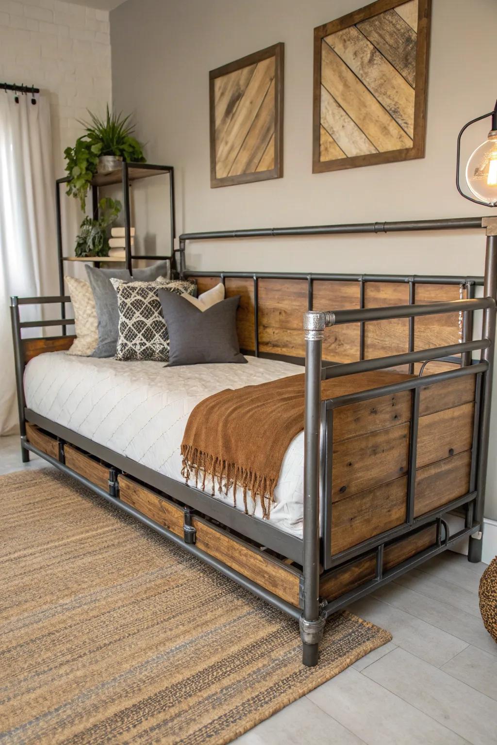 Modern industrial daybed showcasing rustic charm