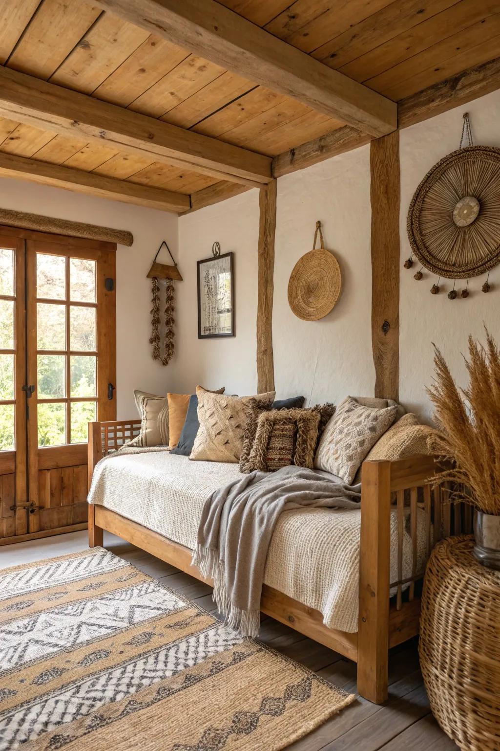A rustic daybed arrangement that embraces natural materials and simple class.