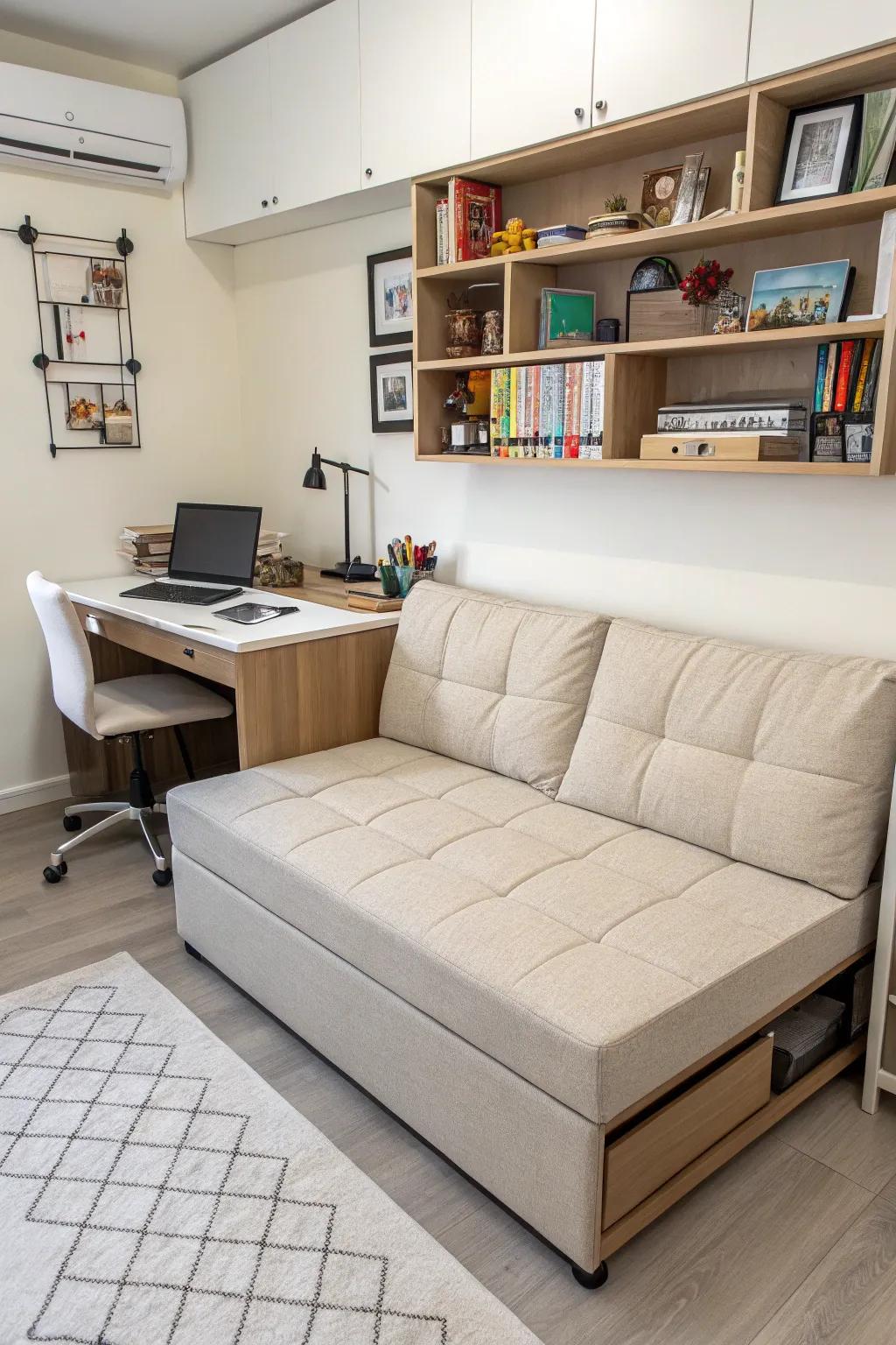 A dual-purpose sofa provides seamless transition between seating and sleeping.