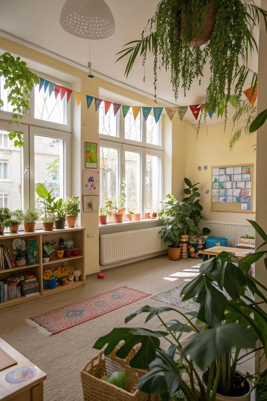 Incorporating nature's influence indoors through plants and natural lighting.