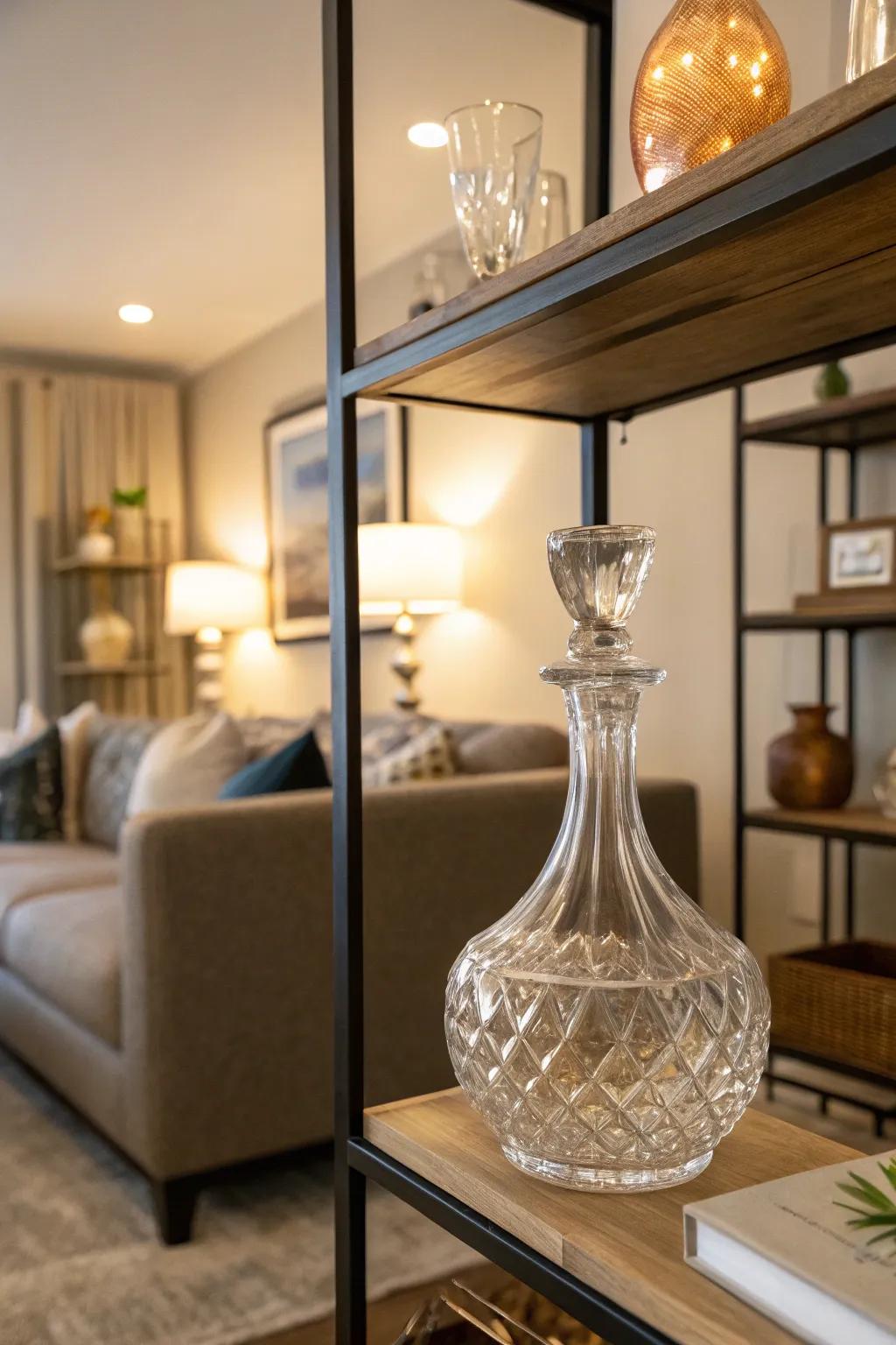 A uniquely shaped glass vessel serving as an art decor on a shelf.