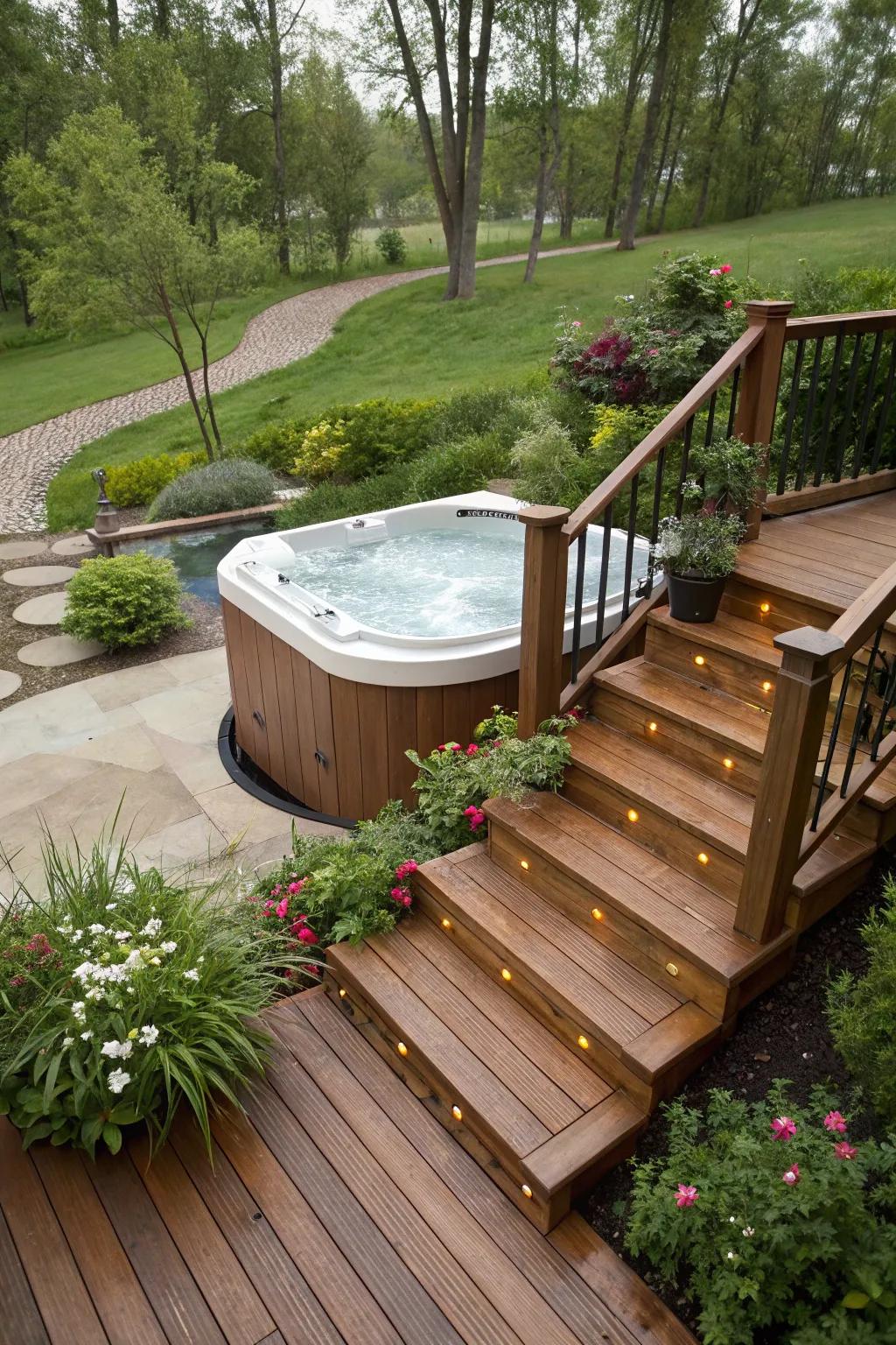 Flowing steps provide a grand entrance to the hot tub.