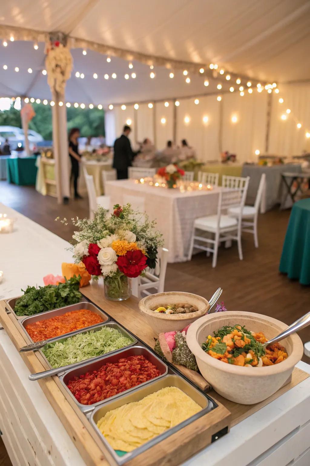 Interactive food stations adding fun and engagement at a wedding.