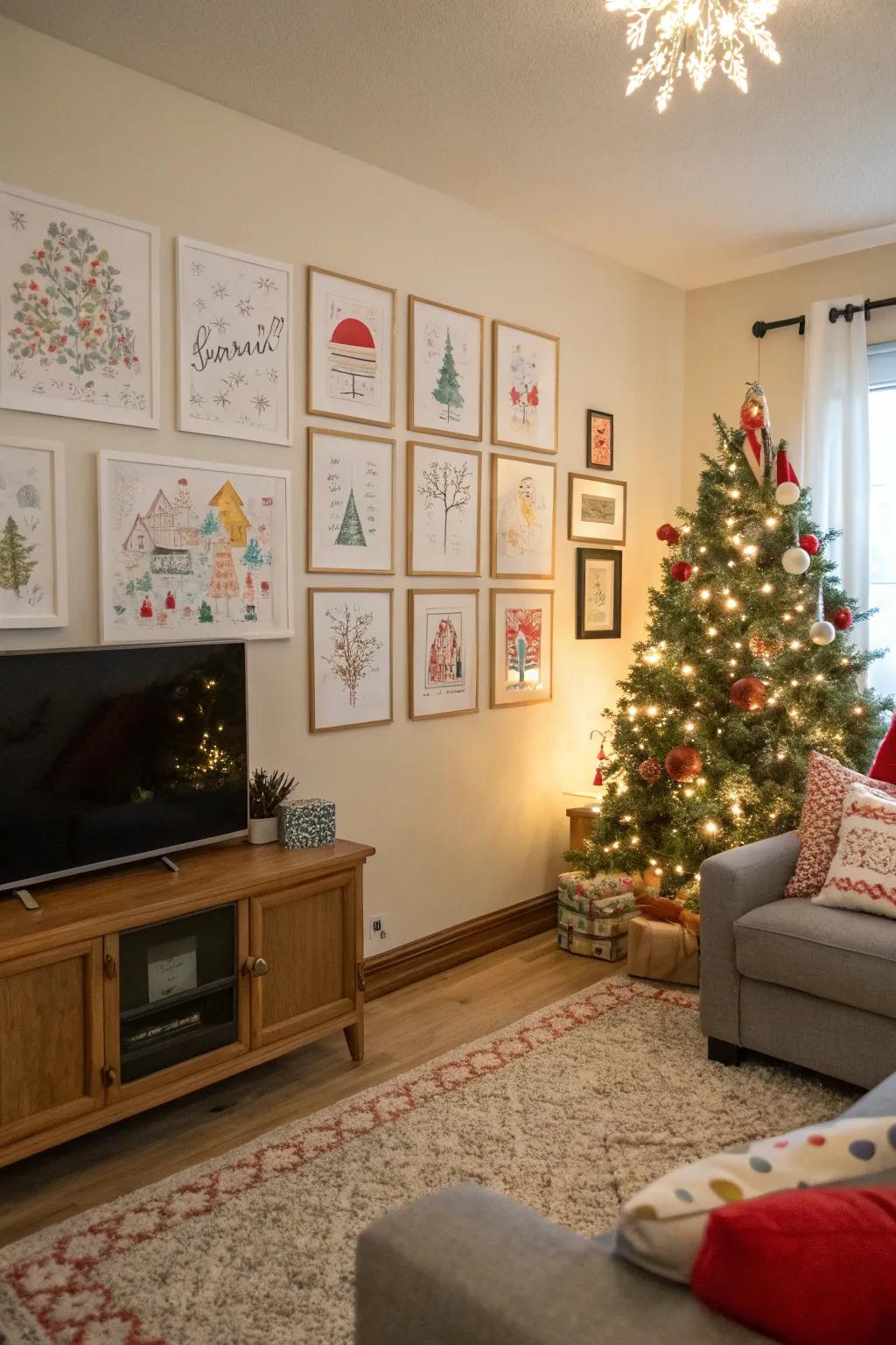 A living room adorned with festive holiday-inspired sketches.