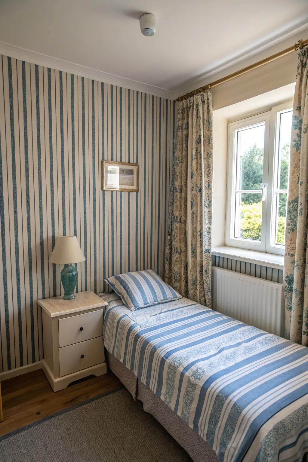 Vertical lines give the impression of greater height inside a small bedroom.