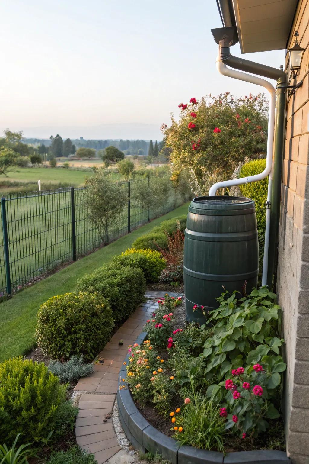Rainwater barrels offer eco-friendly charm and practicality.