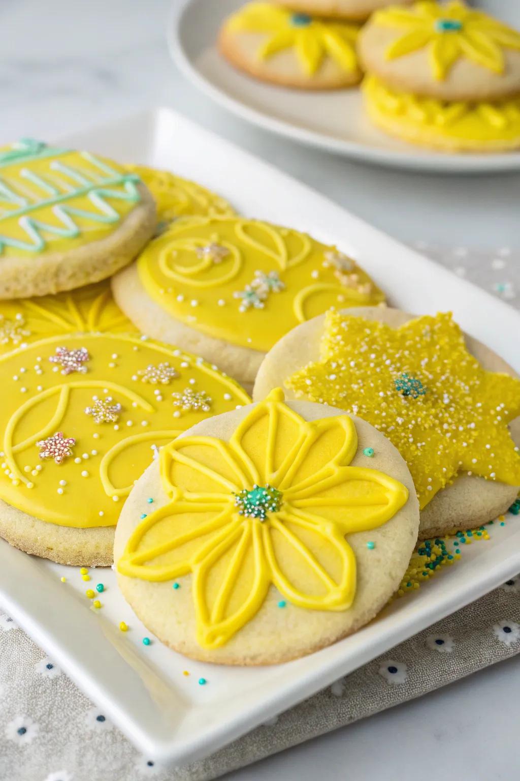 Granulated sugar pastries adorned with golden icing and consumable sparkles.
