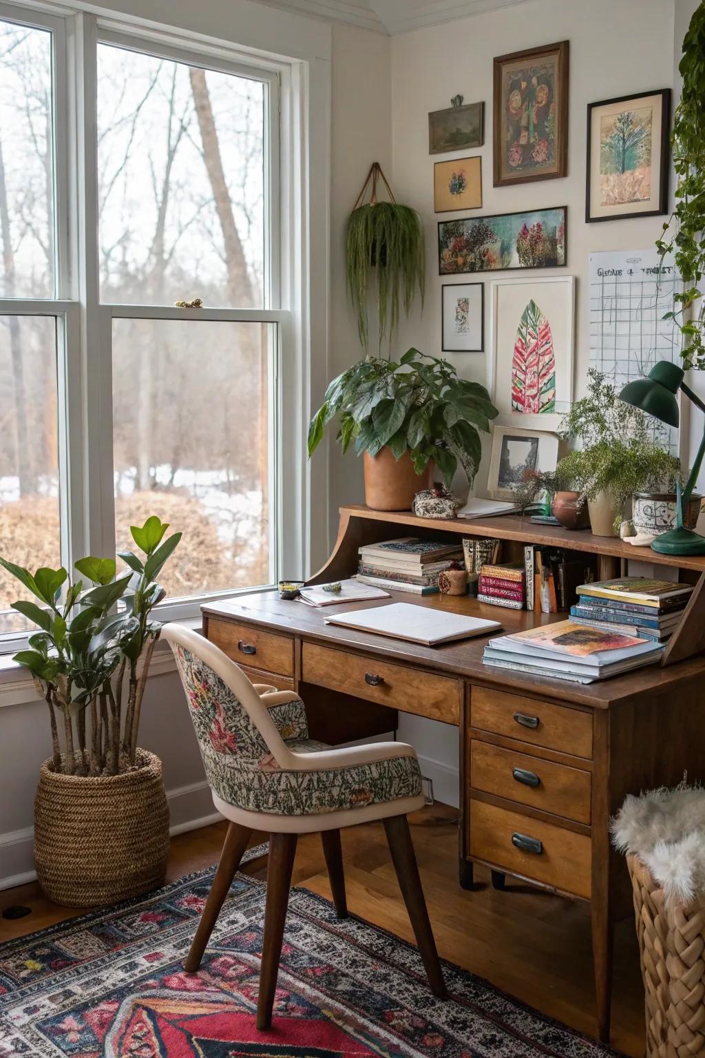 Varied decor infuses the workspace with personality.