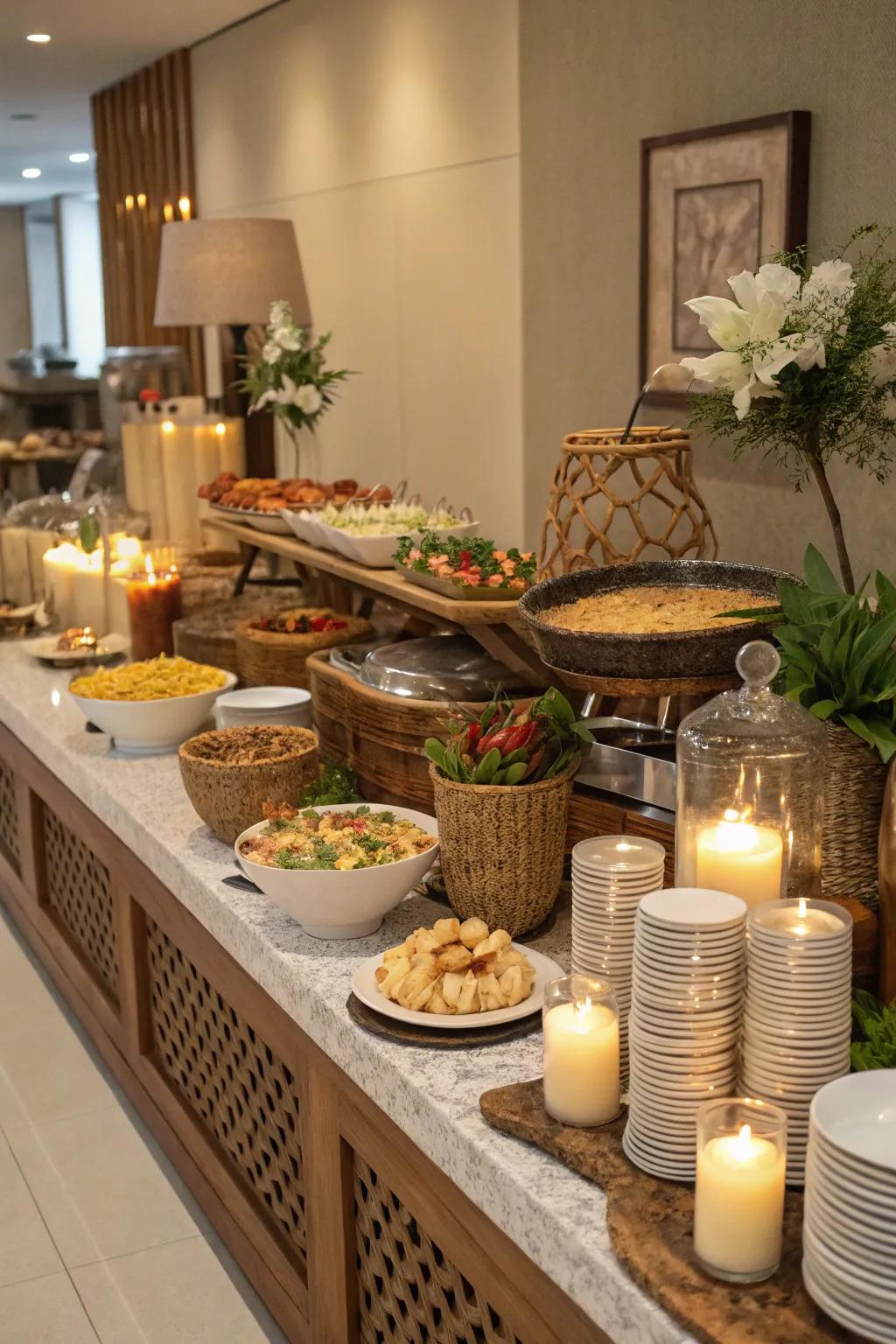 Playing with size adds a vibrant element to this buffet decor.