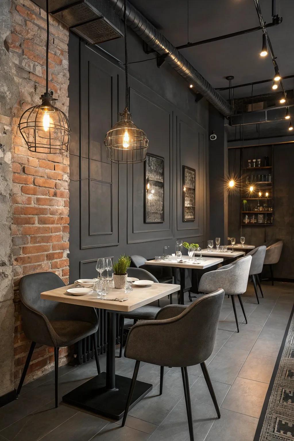An intimate dining space wrapped in the mystery of charcoal gray.
