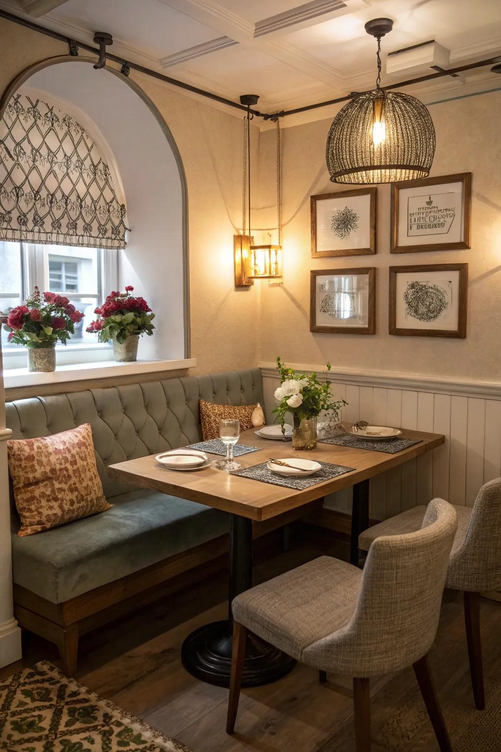 A cozy nook transformed into a charming dining area.