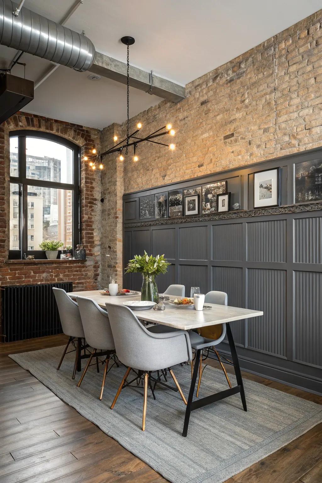 Industrial metal wainscoting adds a stylish urban twist to the dining room.