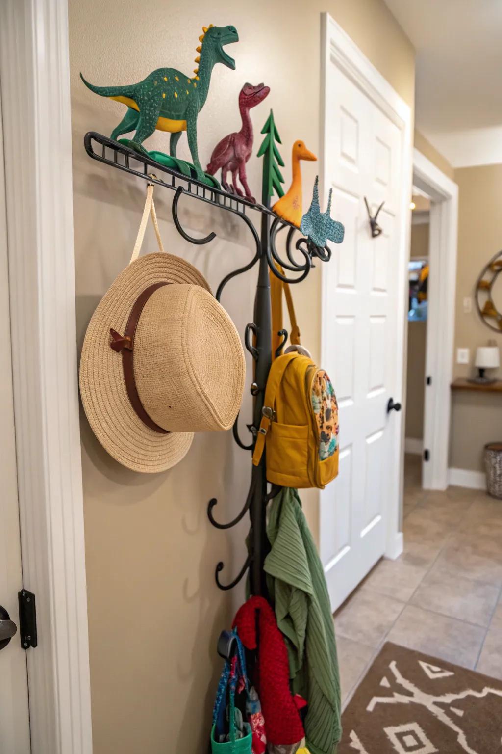 A ferocious lizard-styled hat rack adding fun to organization.
