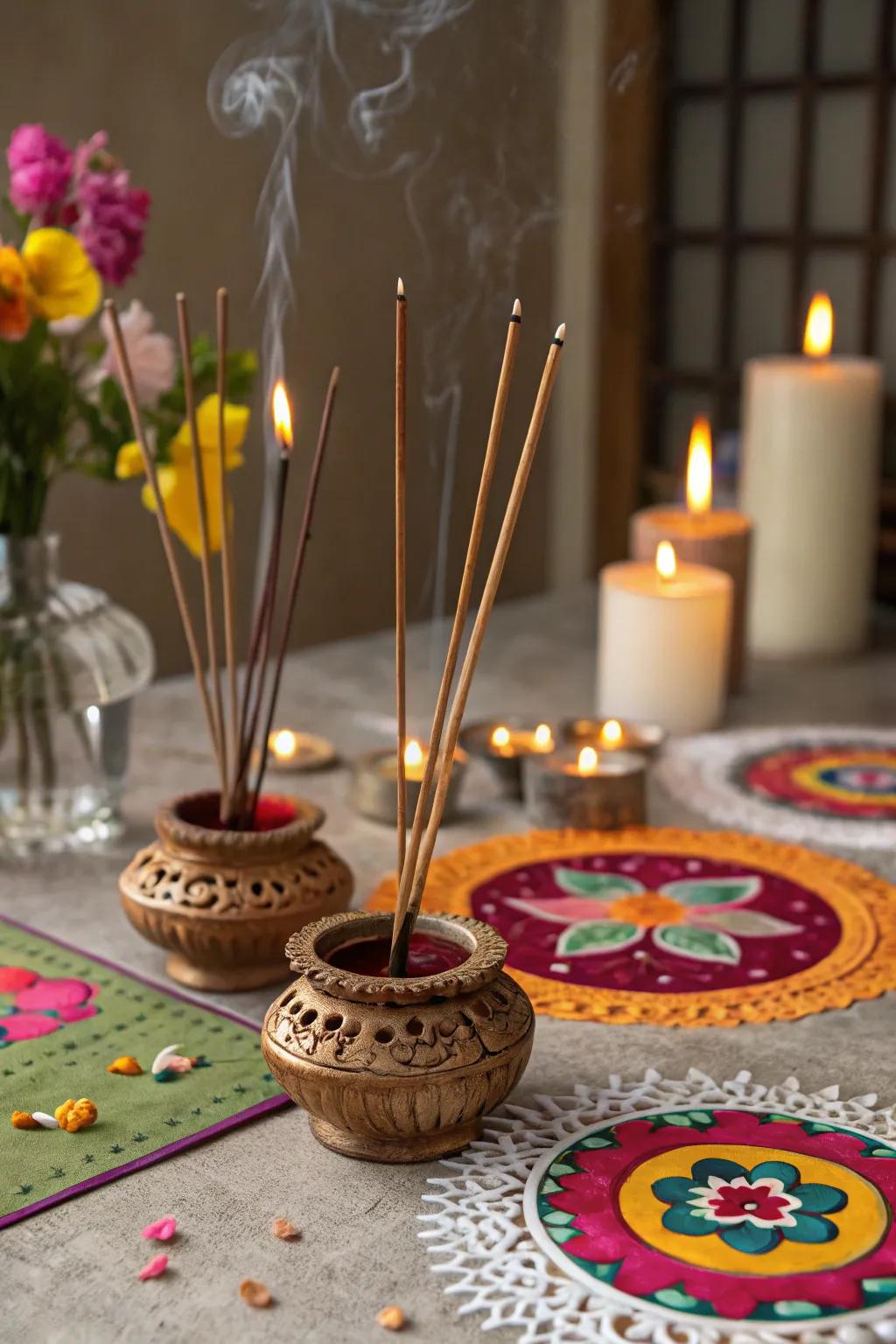 Incense sticks positioned in decorative holders create a soothing and aromatic environment on the surface.
