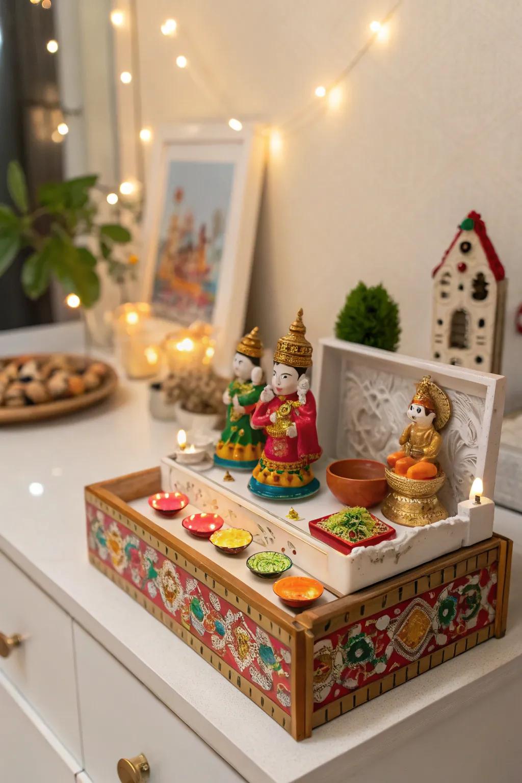 A compact Golu setup perfect for small spaces.