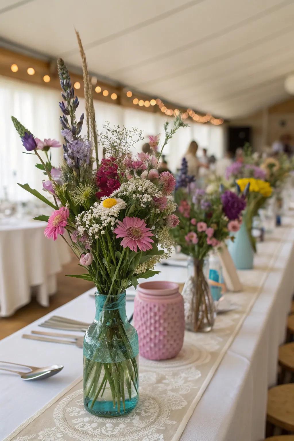 Carefree beauty with whimsical wildflower centerpieces.