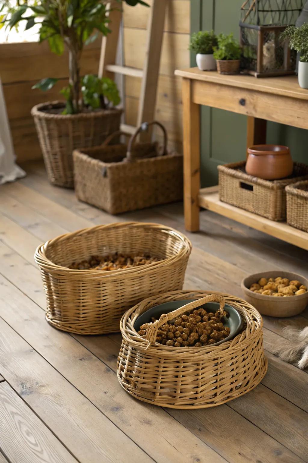 Wicker containers add a natural touch while providing practical storage for dog food.