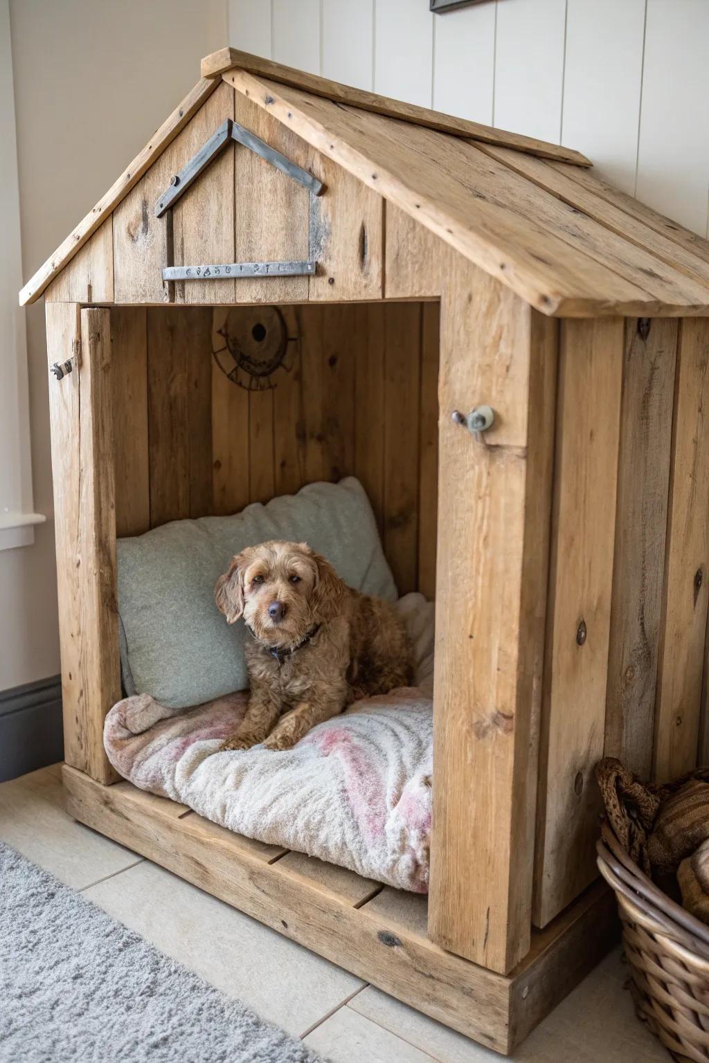 A rustic wood dog nook combining natural textures and snug comfort.