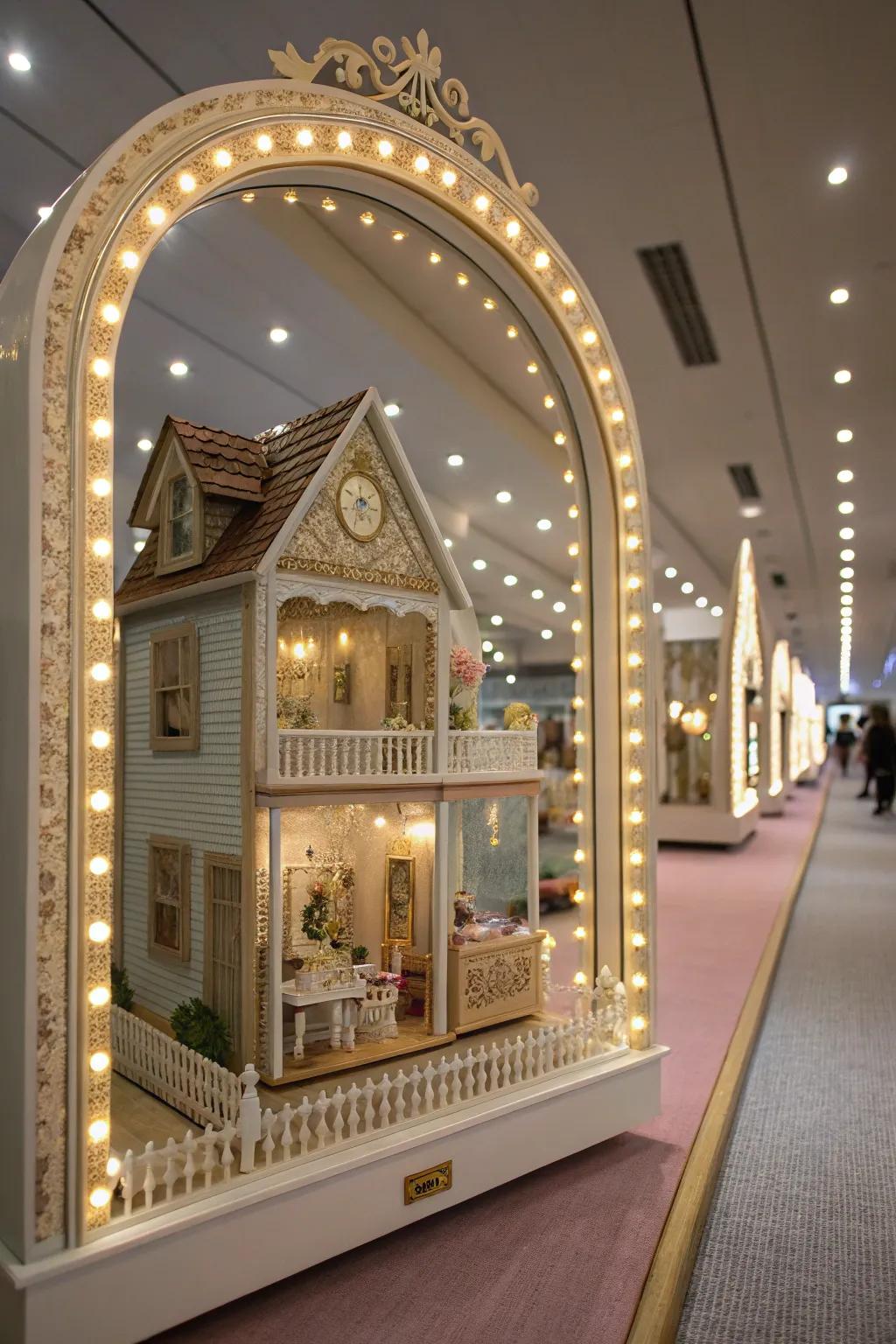 Mirrors enhance the illusion of space in dollhouse arrangements.