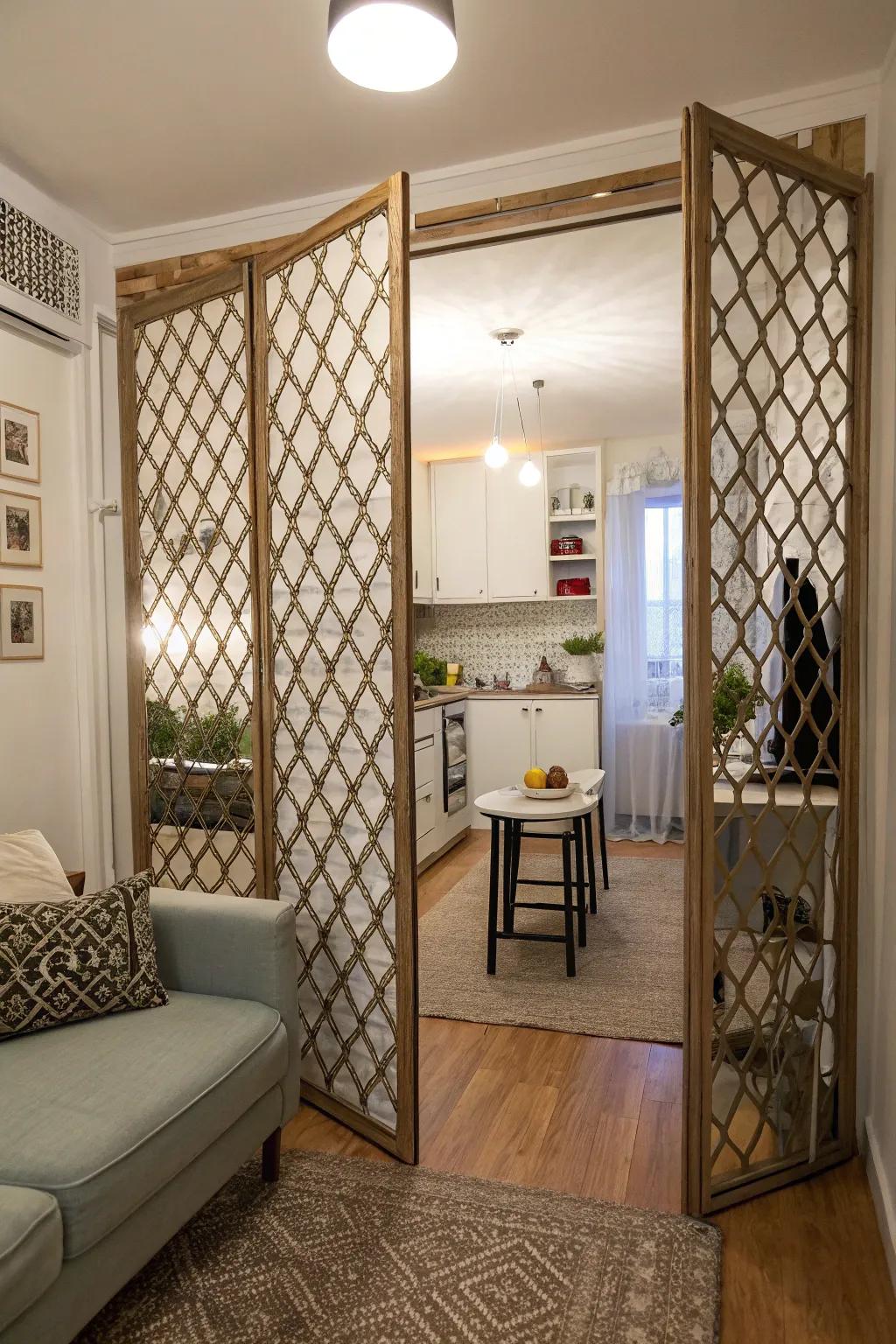 Lattice doors add pattern and charm to this contemporary studio apartment.