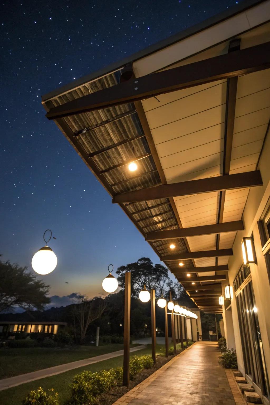 A roof with integrated solar lamps at night.
