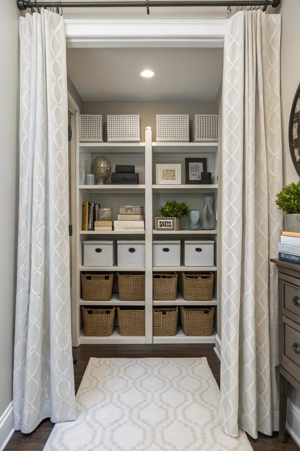 Uphold a tidy aesthetic by concealing stowage areas with drapes.