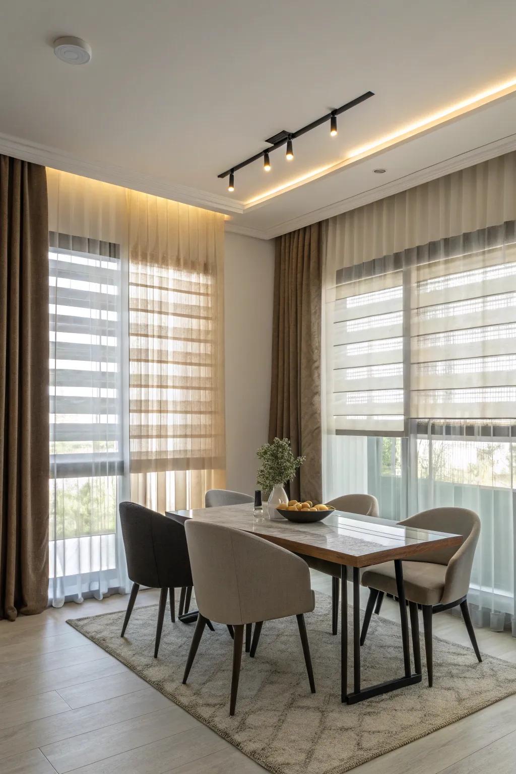 Layering curtains over blinds offers both style and functionality in this modern dining room.