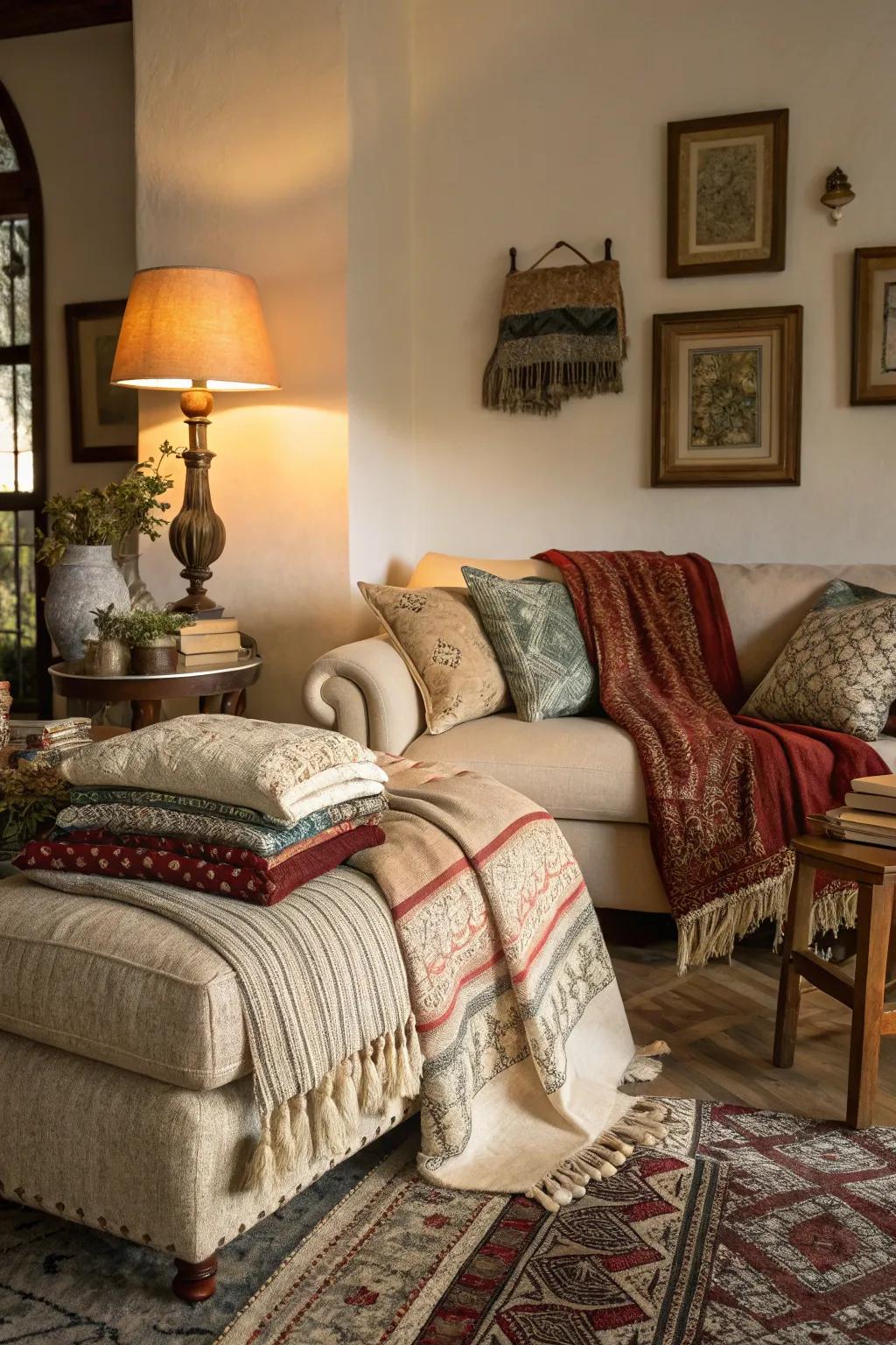 Tiered fabrics bring warmth and comfort to the double parlor.