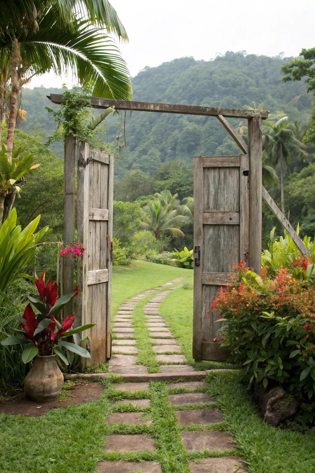 A tropical-inspired entrance brings a touch of paradise home.