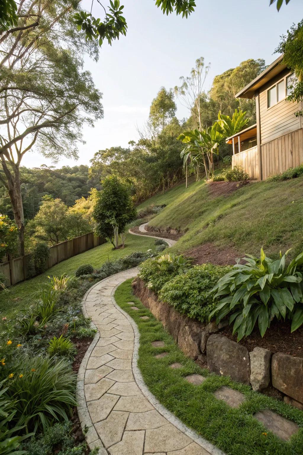Winding paths create a fanciful journey through sloped gardens.