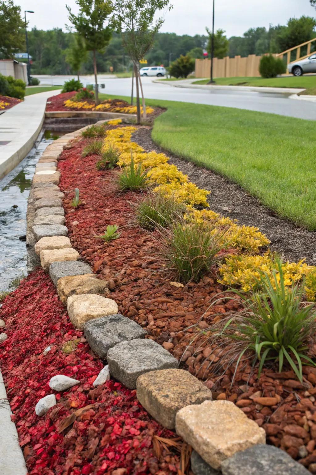 Colorful mulches injecting life into your drainage swale.
