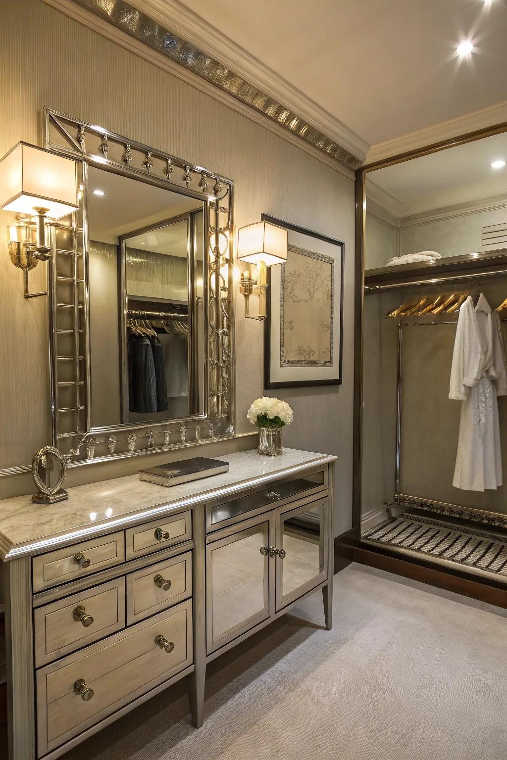 Metallic touches elevate the elegance of your dressing room.