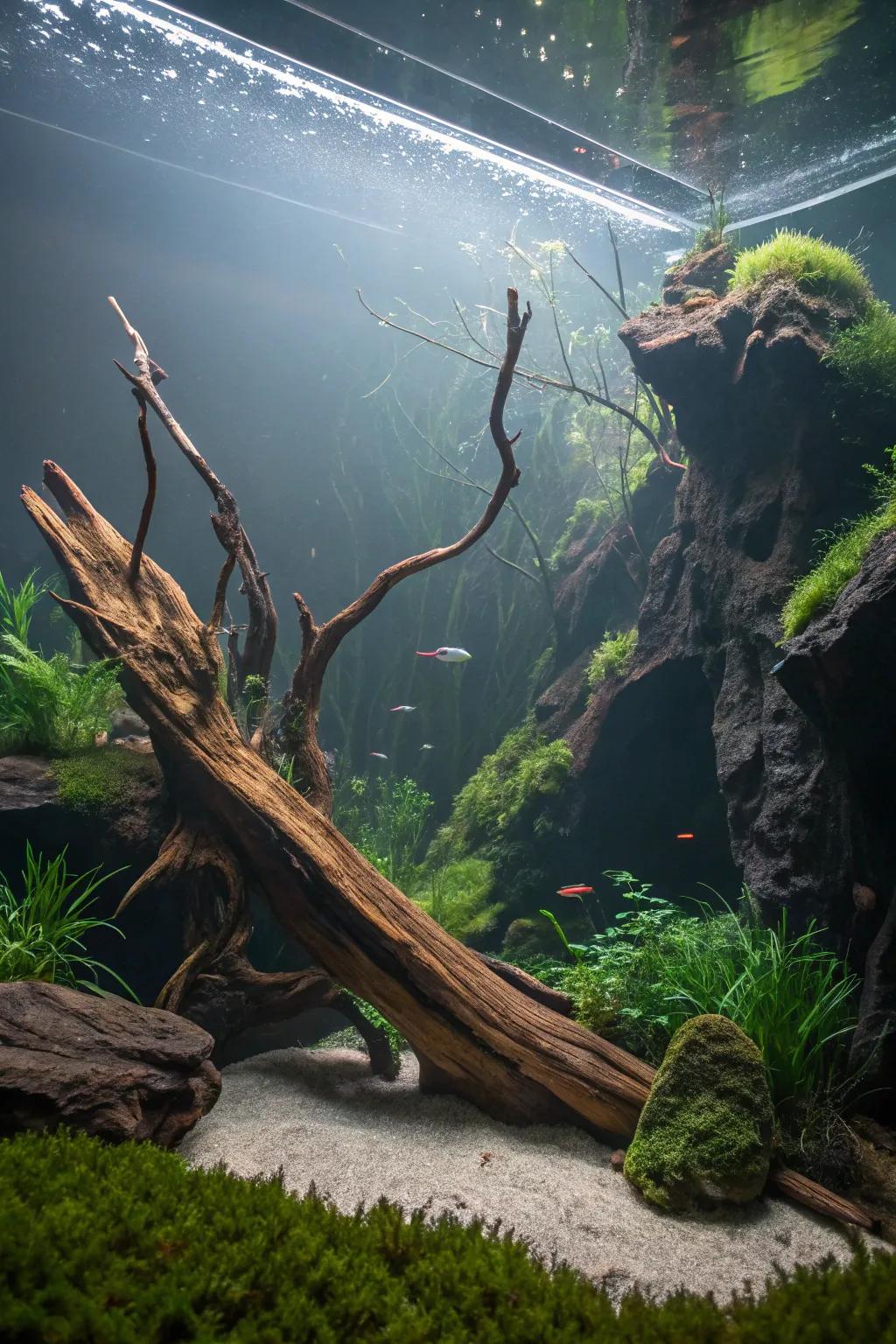 An eerie enigmatic marsh aquarium featuring moss-covered timber.