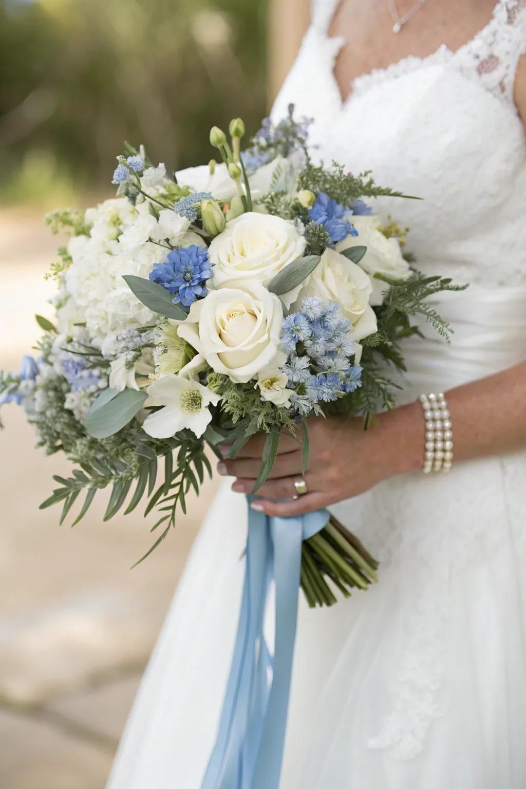 A stunning bridal bouquet tied with a dusty blue ribbon, adding elegance and charm.