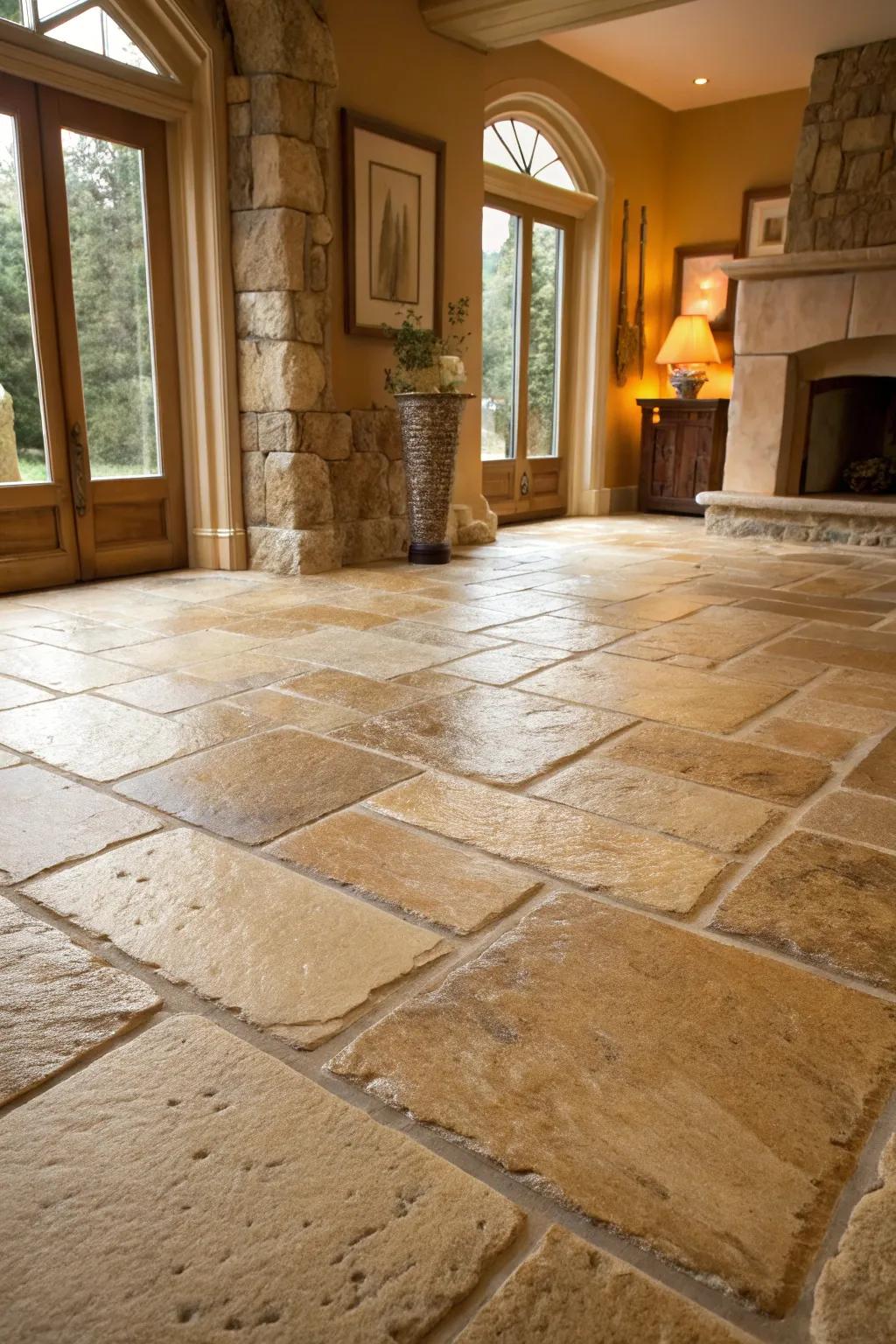 Room featuring natural stone floor tiles for a luxurious touch.