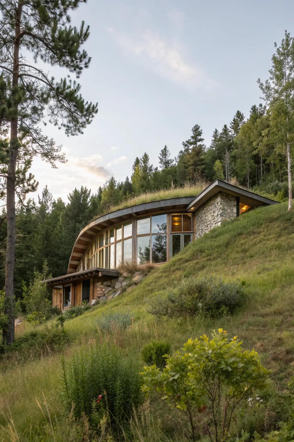 An ground-covered home seamlessly integrated into a hillside, showing natural harmony.