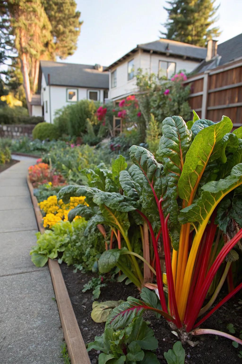 Bright Lights swiss chard adds vibrant seasonal colors to the garden.
