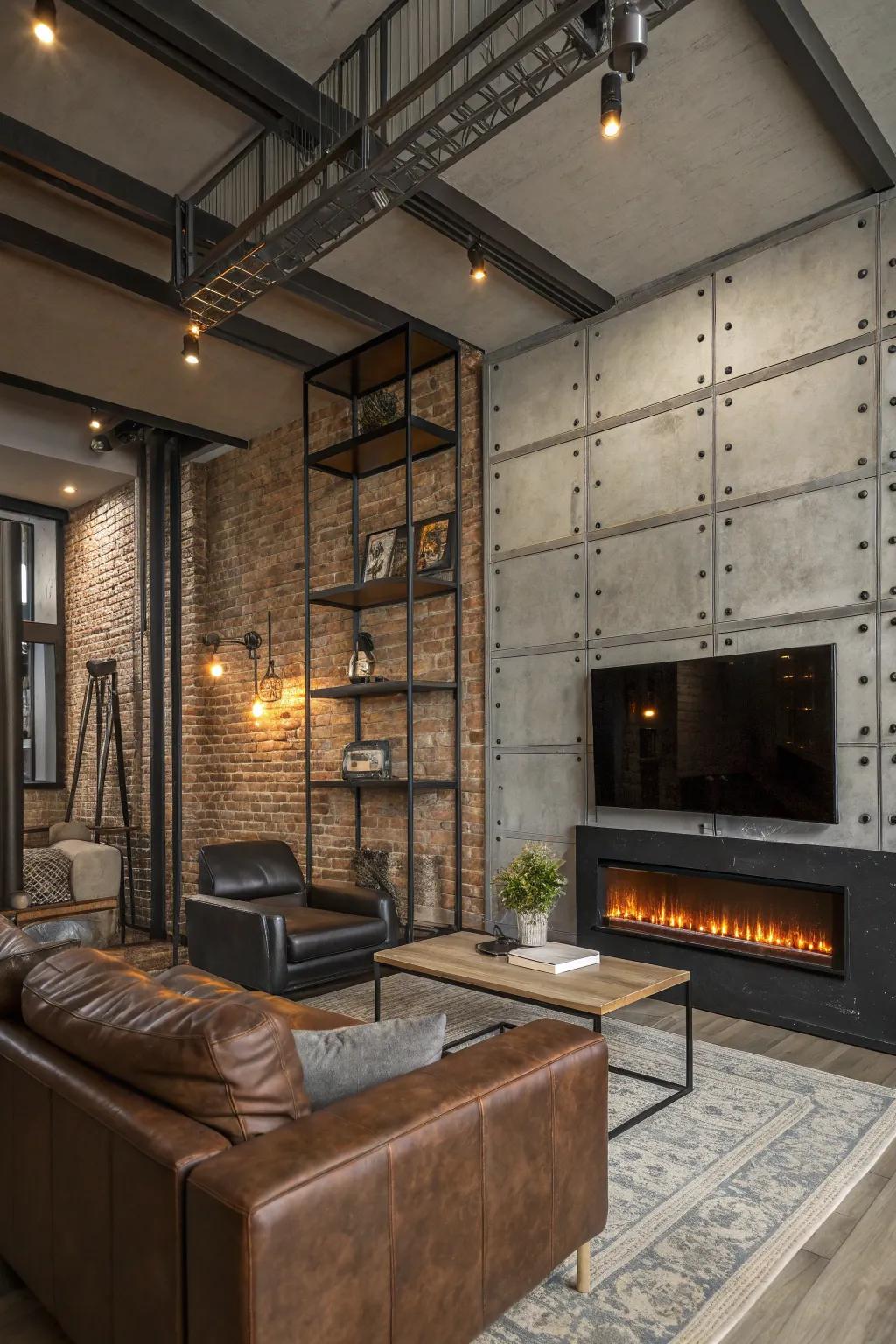 An industrial chic vibe with edgy materials surrounding the electric fire feature.