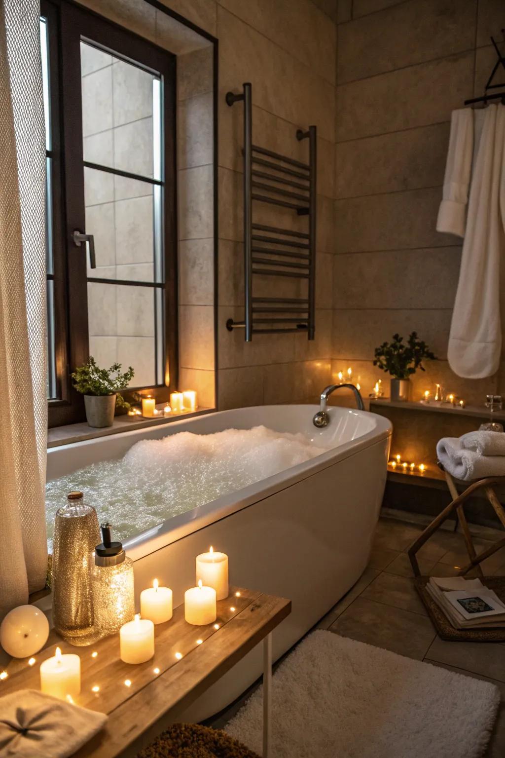 Ambient lighting cultivates a relaxing ambiance in this chic bathroom.