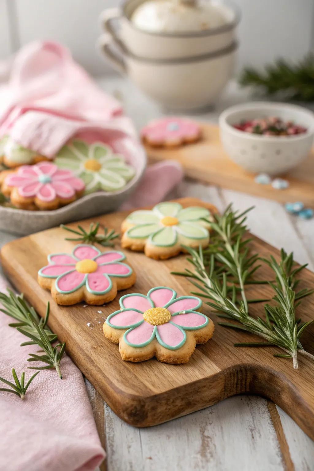 Elegant flower biscuits with a herbal twist.