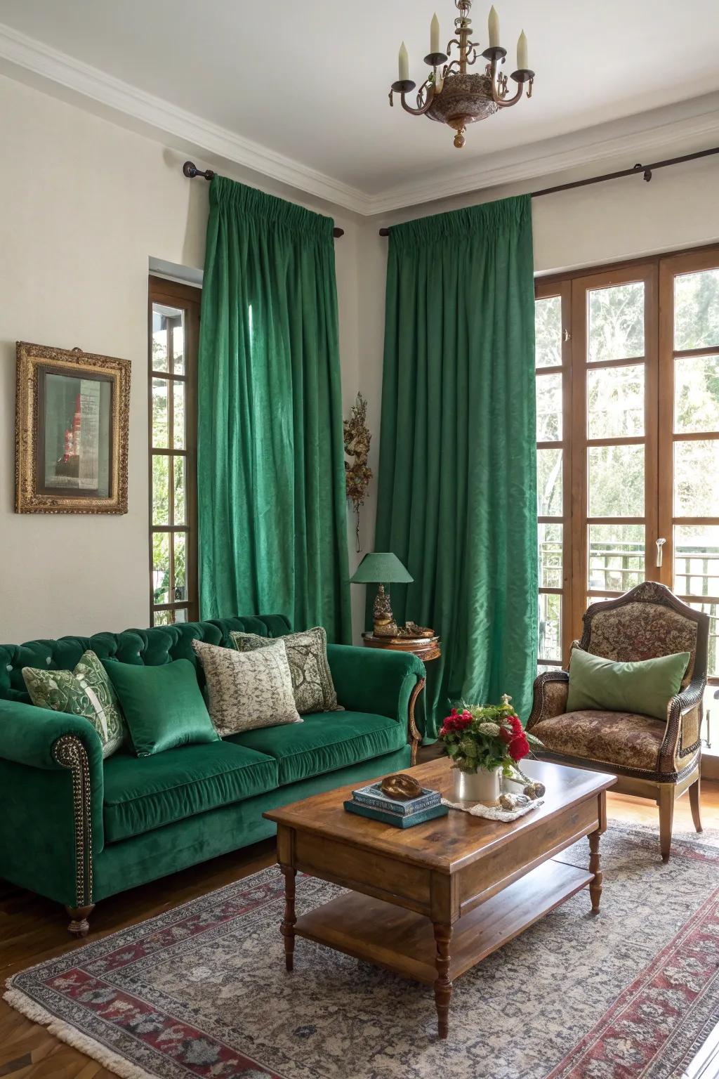 Antique touches complement the emerald green theme.